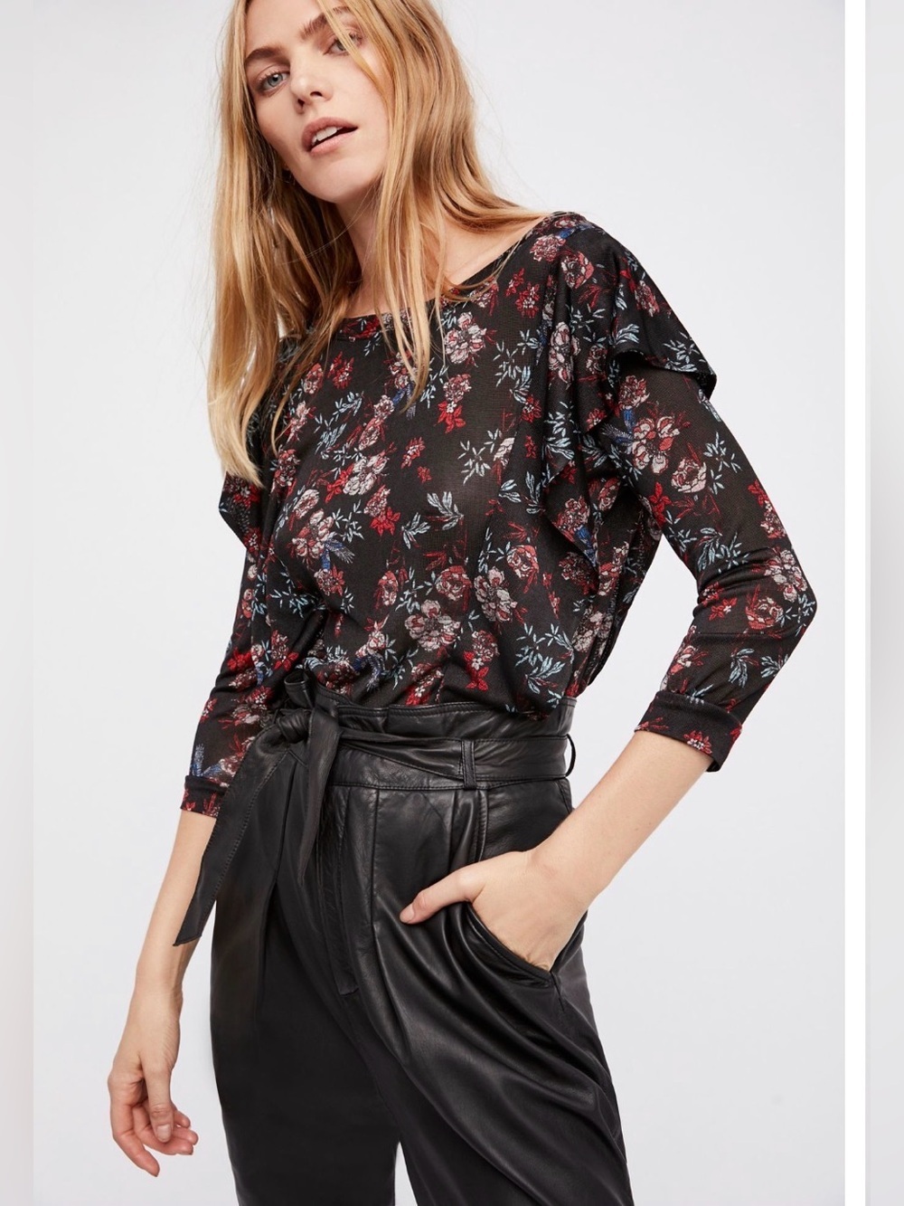 Free People Black Floral Long Sleeve Blouse